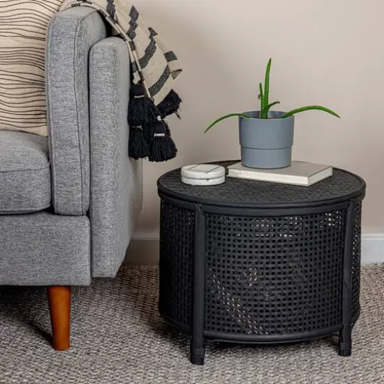 Hello Honey&reg; Round Bamboo & Rattan Accent Table Black {4}