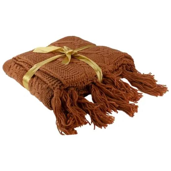 Golden Ochre Knit Throw Blanket With Tassels {5}