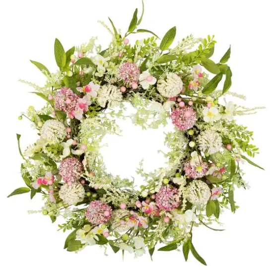 28" Pink & Green Hydrangea & Berry Floral Spring Wreath {1}