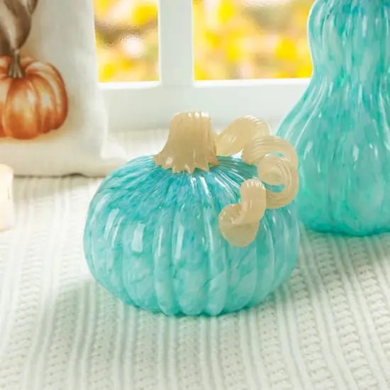 Glitzhome&reg; 6" Fall Turquoise Round Glass Pumpkin {5}