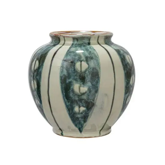 Hello Honey&reg; 9" Cream & Green Reactive Glaze Striped Round Hand-Painted Stoneware Vase {7}