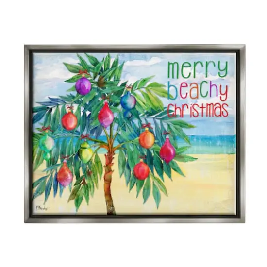 Stupell Industries Merry Beachy Christmas Holiday Palm Gold Framed Floater Canvas Wall Art Gray {1}