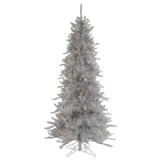6.5ft. Pre-Lit Silver Tinsel Pine Artificial Christmas Tree, Clear Lights {1}