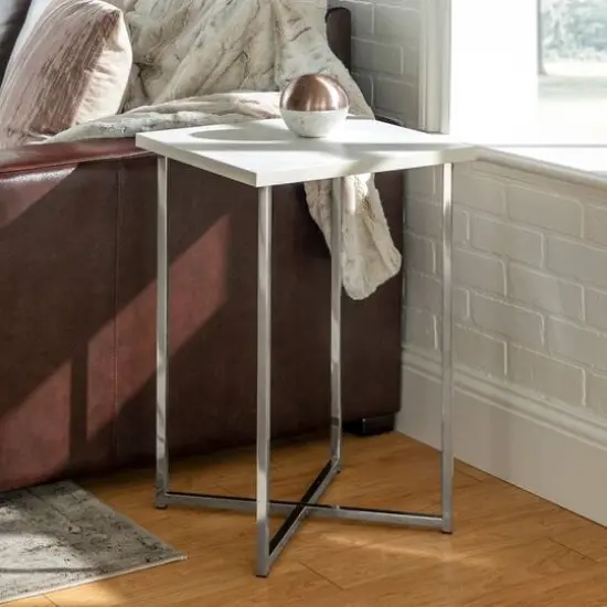 Walker Edison Luxe Modern Glam Square Side Table Faux White Marble/Chrome {5}