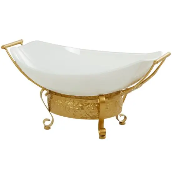 CosmoLiving by Cosmopolitan 24" White Glass Kitchen Serving Bowl with Gold Metal Scroll Stand {6}