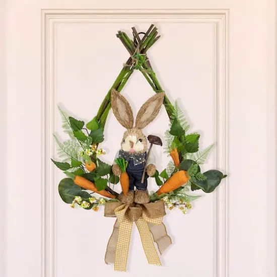 22" Green & Orange Farmer Bunny Moss Vines Teardrop Easter Wreath {5}