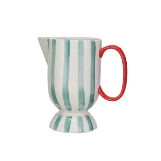 Hello Honey&reg; 1qt. Red, Aqua & Cream Hand-Painted Stoneware Footed Pitcher with Stripes {1}