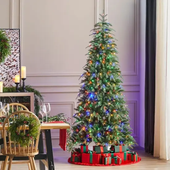 Glitzhome&reg; 7.5ft Pre-Lit Green Slim Fir Artificial Christmas Tree, Multicolor LED Lights {3}