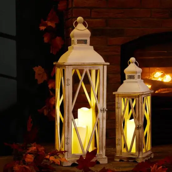Glitzhome&reg; White Farmhouse Wood & Metal Lantern Set {4}