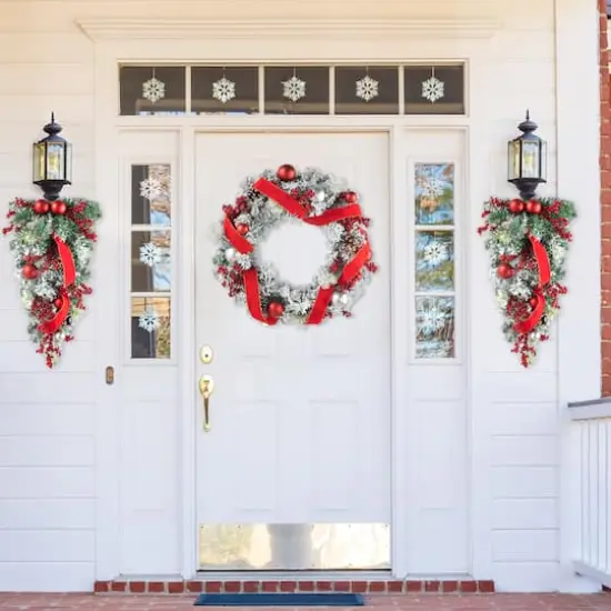 Glitzhome&reg; 25" Flocked Berry, Ornament & Pinecone Ribbon Teardrop {4}