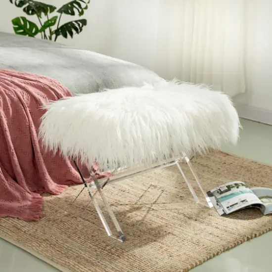 Glitzhome&reg; 25.5" White Faux Fur Acrylic Bench {5}