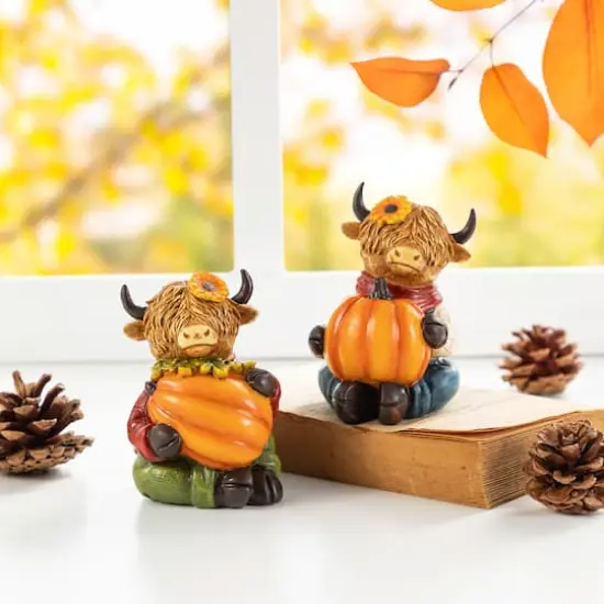 Glitzhome&reg; 4.25" Fall Resin Highland Cow Table Decor Set {3}