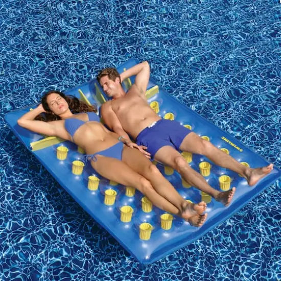 78" Inflatable Blue & Yellow Water Sports 36 Pocket Double Pool Mattress {3}