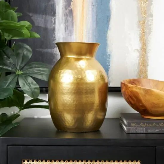 11.5" Hammered Gold Metal Vase {3}