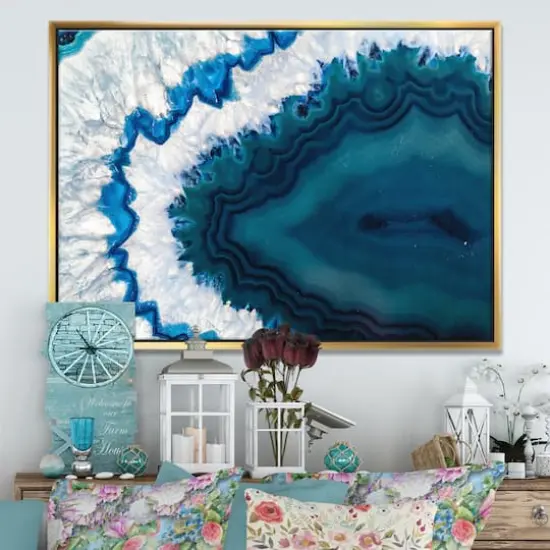 Designart - Blue Brazilian Geode - Abstract Framed Canvas Wall Art Print Gold {4}