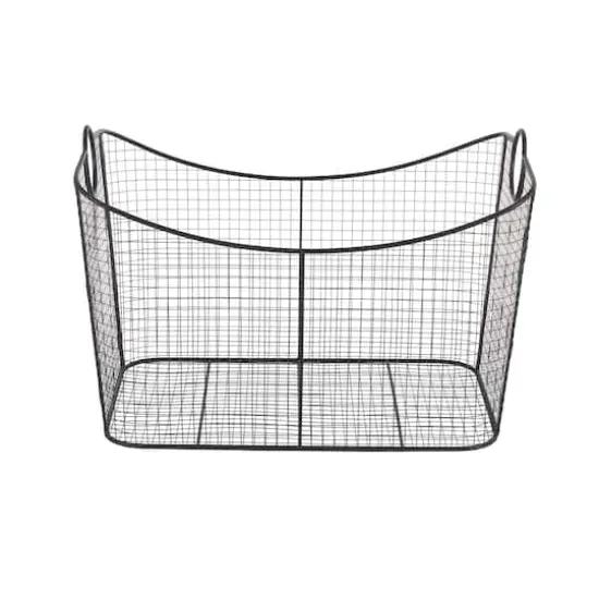 30.25" Black Metal Open Frame Wire Grid Storage Basket with Curved Sides & Ring Handles {4}