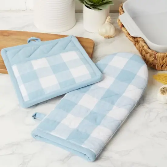 DII&reg; Light Blue Buffalo Check Oven Mitt & Pot Holder Set {5}