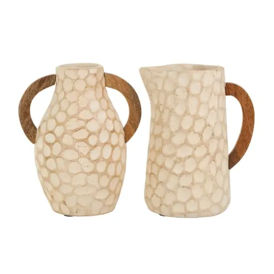 Beige Paper Mache Honeycomb Inspired Jug Vase with Wooden Handle Set {1}