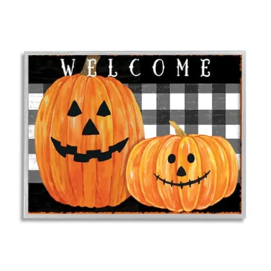 Stupell Industries Halloween Welcome Happy Pumpkins with Gray Frame Wall Accent {1}