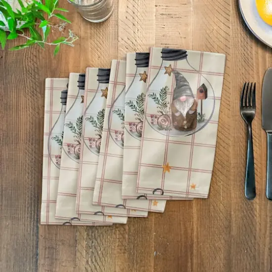 Cream & Red Check Gnome Globe Pattern Cotton Twill Napkin {4}