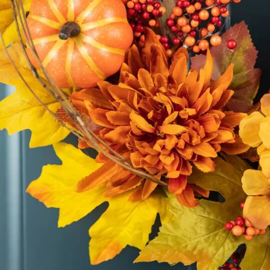 Glitzhome&reg; 24" Fall Dahlia, Pumpkin, Leaf & Berry Wreath {14}