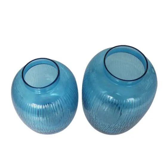 Blue Glass Ribbed Vase Set {5}