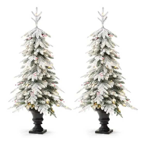 2 Pack 5ft. Pre-Lit Flocked Fir Artificial Christmas Porch Tree in Planter, Warm White Lights {1}