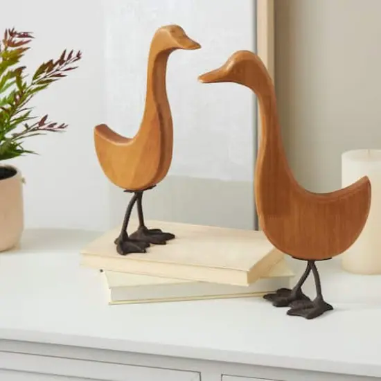 Brown Abstract Minimalistic Wood Goose Sculpture Set {3}