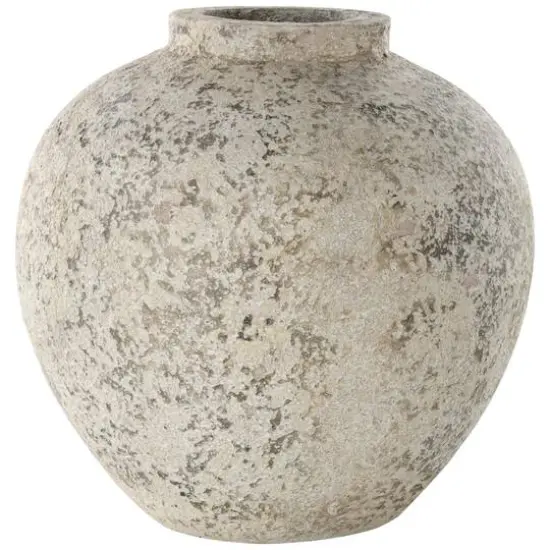 12" Cream Ceramic Antique Style Round Vase with Textured Distressing {7}