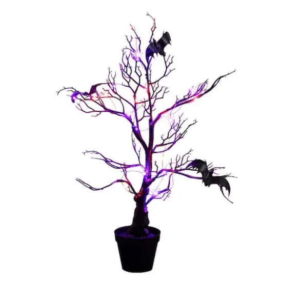 2ft. Pre-Lit Artificial Halloween Black Spooky Twig Tree with Bats and 40 Orange & Purple LED Lights {4}