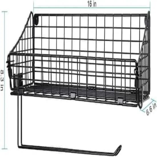 NEX&trade; 16" Black Wall Mounted Wire Basket Shelf & Paper Roll Holder {3}