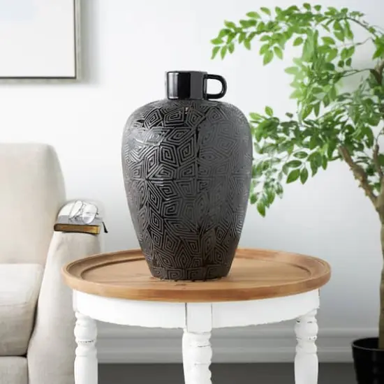 19" Black Ceramic Vase with Geometric Etchings {3}