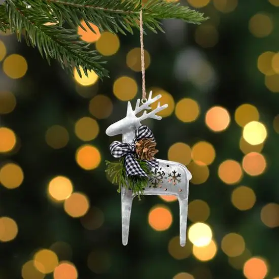 6.25" Silver Metal Reindeer Christmas Ornament with Black Gingham Bowtie & Pine {8}