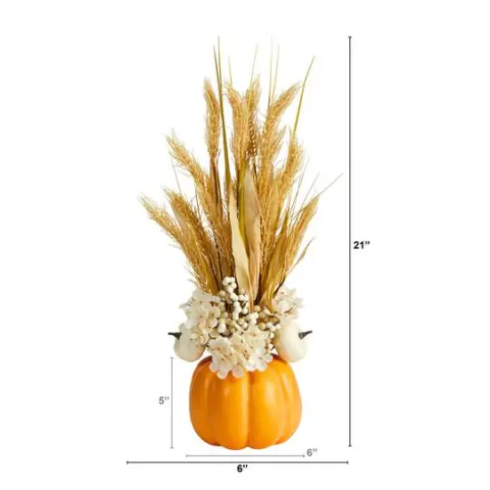 21" Dried Wheat And Pumpkin Fall Arrangement In Pumpkin Vase {3}