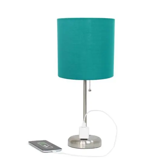 Creekwood Home Oslo 19.5" Power Outlet Table Lamp Brushed Steel Base/Teal Shade {7}