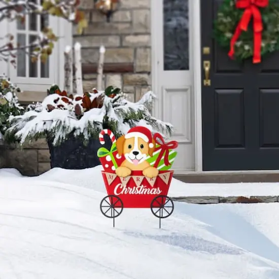 Glitzhome&reg; 24" Metal Christmas Dog and Gift Cart Yard Stake {4}