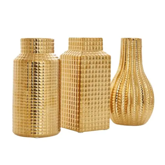 8" Gold Ceramic Geometric Dimensional Textured Vase Set with Grid Patterns {5}