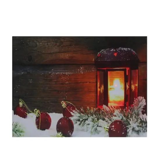 LED Lighted Candle Lantern In The Wintry Outdoors Christmas Canvas Wall Art {1}