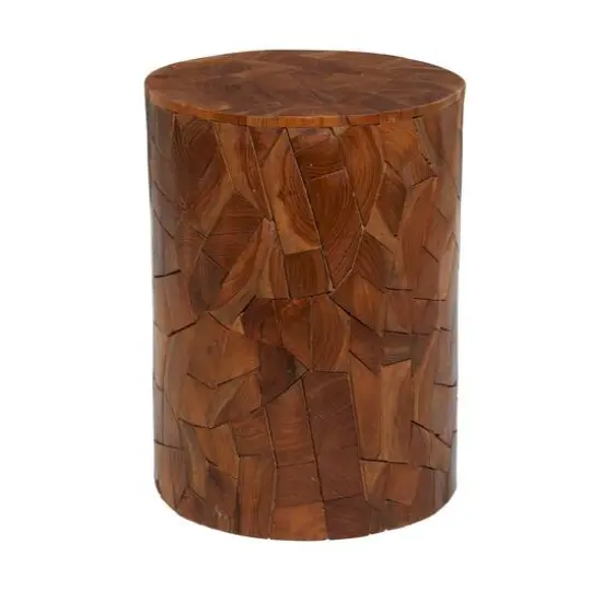 16.5" Round Block-Style Brown Teak Wood Mosaic Side Table {1}