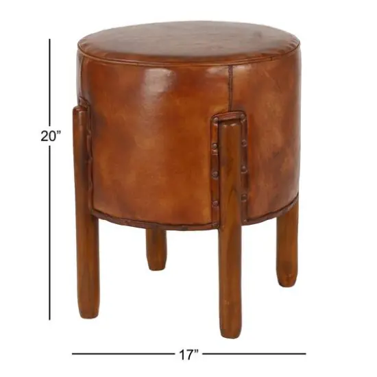 20" Brown Leather & Teak Traditional Stool {4}