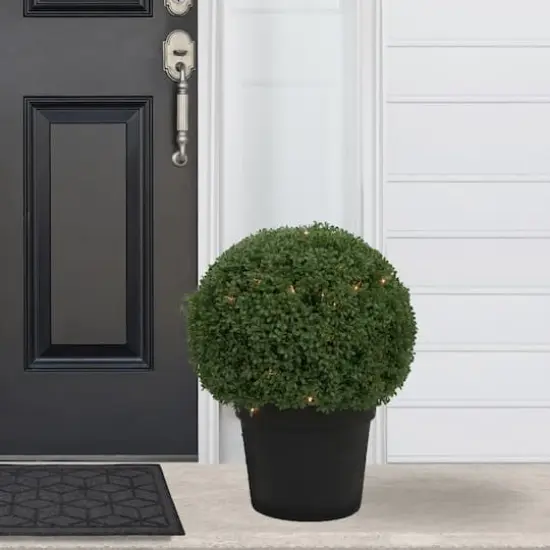 20" Pre-Lit Artificial Boxwood Ball Topiary in Round Pot, Clear Lights {3}