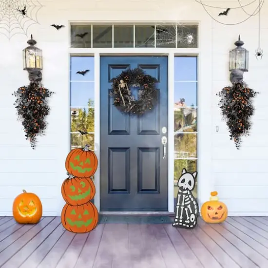 Glitzhome&reg; Halloween Wooden Skeleton Cat and Stacked Pumpkin Porch Decor Set {4}