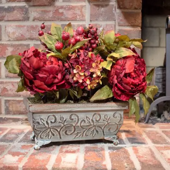 18" Red Peony & Hydrangea Arrangement in Decorative Planter {8}