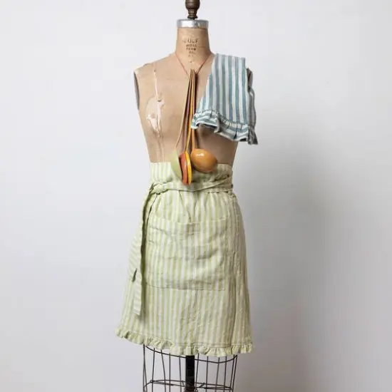 Hello Honey® Natural & Green Striped Cotton Half Apron with Ruffle {3}