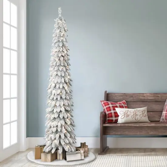 7ft. Pre-Lit Flocked Artificial Alpine Pencil Tree, Clear Lights {4}