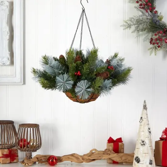 2ft. LED Pine & Berries Artificial Christmas Hanging Basket {3}