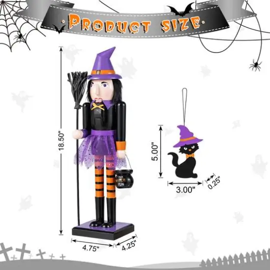 Glitzhome&reg; 18.5"H Halloween Wooden Witch Nutcracker with Witch Cat Ornament {9}