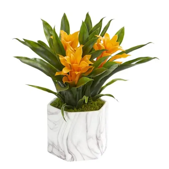 11" Bromeliad Plant in Marble Finished Vase {1}