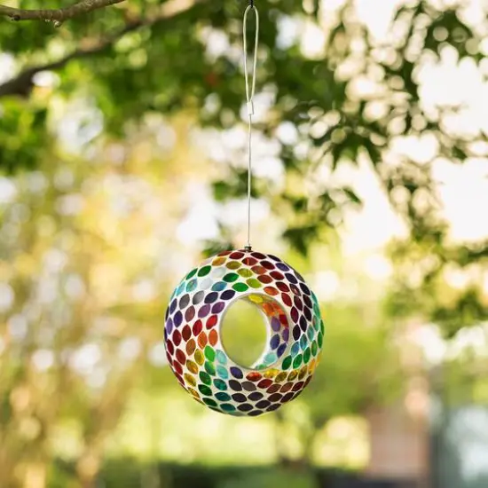 Glitzhome&reg; 8" Multicolor Mosaic Glass Round Hanging Bird Feeder {6}
