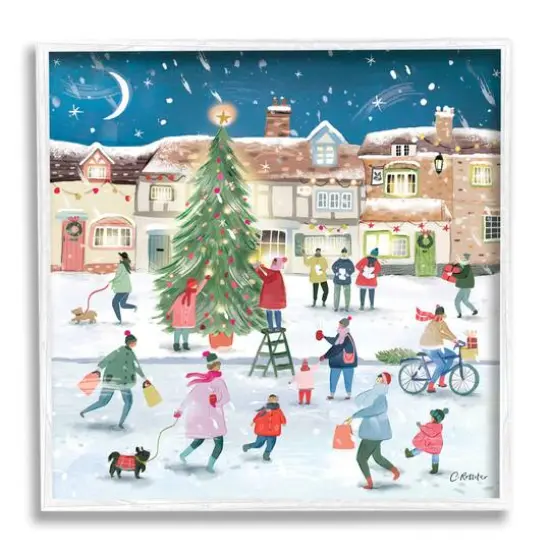 Stupell Industries Christmas Tree Town Scene Framed Giclee Art White {1}